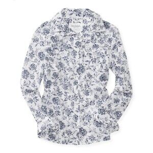 Aeropostale Womens Floral Button-Up Shirt L/G White/Navy 100% Cotton Long Sleeve